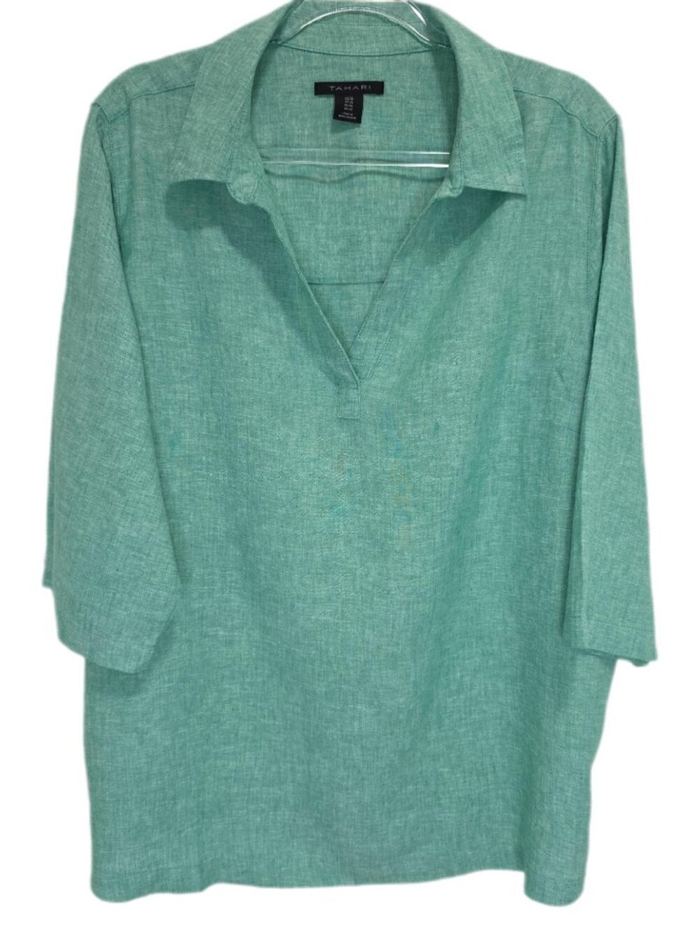1525 Tahari Plus 3/4 Sleeve Collared Pullover Linen Top Sz.1X Women